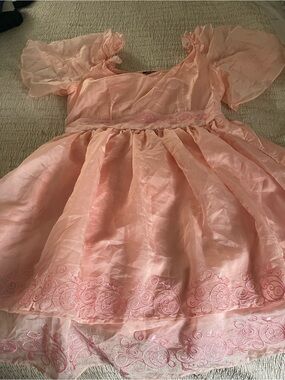 & Other Stories Pink Puff Sleeve Embroidered Party Dress